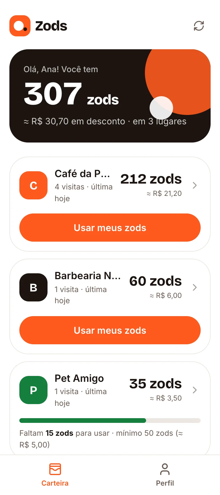 Carteira do cliente com saldo em três lojas