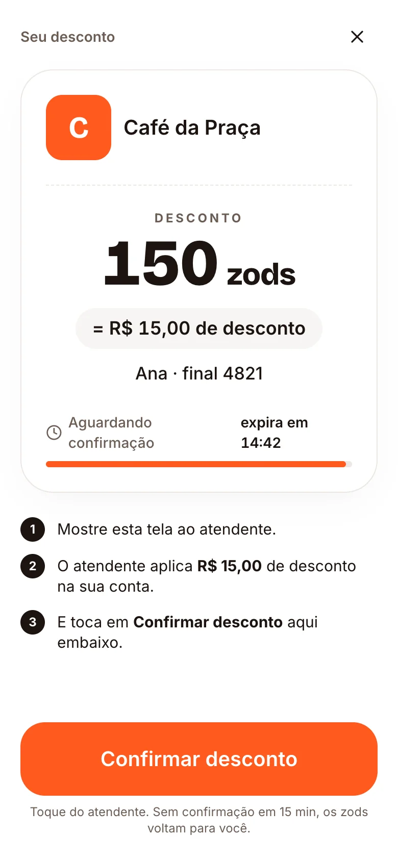 Tela de desconto ao vivo: 150 zods, R$ 15,00 de desconto